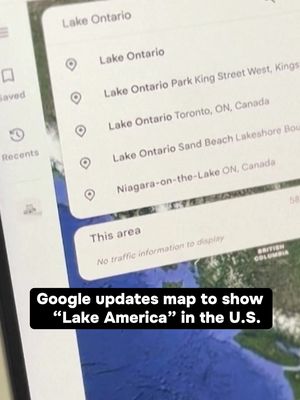 Google announced on Saturday that it had begun rolling out changes to how its maps display Lake Ontario's name, after President Trump signed an executive order changing it to "Lake America" amid a trade fight between the U.S. and Canada. People in the U.S. will see "Lake America" on their maps, while in Canada, they will see "Lake Ontario," Google said in a statement on Saturday. Beyond the U.S. and Canada, people will see both names displayed on their map, with "Lake America" appearing in parentheses. Trump signed an executive order last week to rename the lake, which sits between Canada's most populous province, Ontario, and New York state.