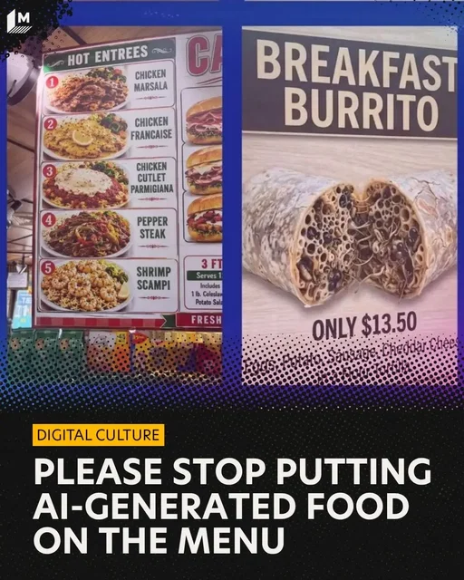 Food photos are supposed to make you hungry, but the ones currently haunting social media look more likely to crawl off the menu than end up on a plate.   Over the weekend, tech reporter Sam Biddle shared a deli sign featuring what appears to be a dozen glossy, shrimp-shaped bagels sitting on a pile of noodles. Other dishes on the menu included perfectly round piles of pasta, strangely smooth sandwiches, and ingredients that seemed to melt into one another.   The post struck a nerve. Soon, users were flooding the replies and quote posts with their own equally cursed sightings of apparent AI-generated food ads in delis, restaurants, food trucks, fairs, and even their mailboxes.   Food photography has always involved a certain amount of fakery, but these AI images are a whole other level of deception. The worst part is it’s not even a good deception, it’s actually just kind of gross.