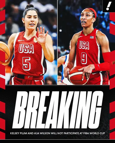 BREAKING: Two-time World Cup gold medalists Kelsey Plum and A’ja Wilson will no longer compete for Team USA at the FIBA Women's World Cup due to health reasons, USA Basketball announced.  Kiki Iriafen and Sonia Citron have been named to the roster in their place.** #basketball #teamusa #worldcup #ajawilson #kelseyplum 