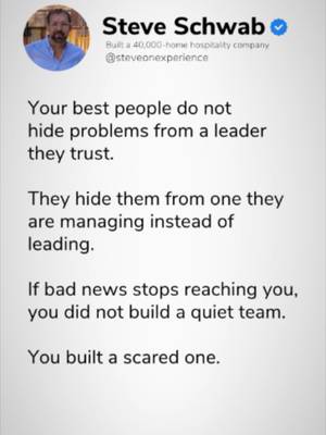 If bad news stops reaching you, you didn't build a quiet team. You built a scared one.  Silence from a team isn't a sign of flawless operations, it's often a sign of fear. Top performers bring problems to leaders they trust, but hide them when leadership reacts with anger, blame, or micromanagement. Why psychological safety drives operational strength: - Early Problem Identification: High trust allows operational slips to be caught and fixed before impacting guests. - Open Communication: Teams report mistakes freely when they know the focus will be on solutions rather than punishment. - Managing vs. Leading: Managers command compliance; true leaders cultivate psychological safety. A quiet team is rarely a smooth-running team, it's usually an intimidated one. Bigger isn't the win. Better is. #LeadershipCulture #PsychologicalSafety #TeamTrust #ExecutiveStrategy