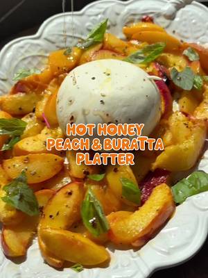 Hot Honey Peach & Burrata Platter 🍑 🥗 ✨ inspired by #FiveStarWeekend on STACKTV. #2 of three recipes by @thetippsytoeschef Recipe: Serves 6 Ingredients • 4 ripe but still firm peaches • 1x 4 oz ball burrata • 2 tbsp olive oil, divided • 2 tbsp butter • 3 tbsp honey • 2 tsp Sriracha hot sauce • ½–1 tsp red pepper flakes • 1 tsp fresh lemon juice • Large handful fresh basil • Salt and pepper to taste Make the hot honey Combine: • 3 tbsp tbsp honey • 2 tsp Sriracha hot sauce • ½–1 tsp chili flakes Warm for about 30 seconds in a small saucepan. Remove from heat and let it infuse while you prepare everything else. Peaches 1. Cut peaches into thick wedges. 2. Heat butter and 1 tbsp olive oil in a skillet over medium-high heat. 3. Add peaches in a single layer and cook for about 1–2 minutes per side. 4. Transfer to baking dish and broil for 2 mins until peaches are slightly caramelized 5. Remove from oven and add lemon juice Assemble 1. Place burrata in the centre of your platter. Place peaches around the burrata and add basil, salt and pepper and a drizzle of hot honey and olive oil on top.
