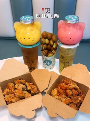 Mango Yogurt Kitty, Strawberry Yogurt Kitty, Winter Melon Tea, Fresh Lime Summer Crush, Basil Popcorn Chicken, Pandan Bubble Waffle, & Deep Fried Squid 📍 T4 🧋 ⁣ ⁣ Located in Bellevue at The Marketplace at Factoria mall is T4. They have a great variety of options on the menu from milk teas, fruit teas, snack food options and more! They currently have these cute kitty yogurt series right now and it comes in a cute jar! It’s such a cute spot to hangout and have some refreshing drinks. Test your luck at the crane games they have too for some cute prizes! Come by the next time you’re shopping in the area! ⁣ #fruittea #eggwaffle #popcornchicken #bellevuewa 