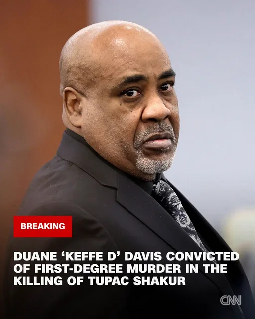 Duane "Keffe D" Davis was found guilty of first-degree murder in the death of Tupac Shakur, which has remained unsolved for nearly three decades. Davis is accused of plotting the 1996 killing near the Las Vegas Strip, and he is the only person ever charged in the murder. In closing arguments, the prosecution argued that Davis — who they describe as the "shot caller" — and his crew "went hunting" for Shakur. Davis' memoir, which details the shooting, should be considered an admission by Davis, despite it listing a cowriter, the prosecutor said. The defense said that Davis' recounting of the shooting in his memoir was "fiction," also focusing on missing investigative records and a lack of direct evidence. 📸: Steve Marcus/Pool/Reuters