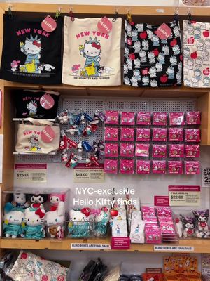 NYC-exclusive Hello Kitty finds 🎀🗽🍎 Sanrio characters with Statue of Liberty, yellow taxi, apple + pretzel details. Pins $11, keychains $12, plushies $22–25 & totes $27–31. 📍 Kinokuniya New York, NYC . . #nyc #hellokitty #newyorkcity #newyork #nyctiktok 