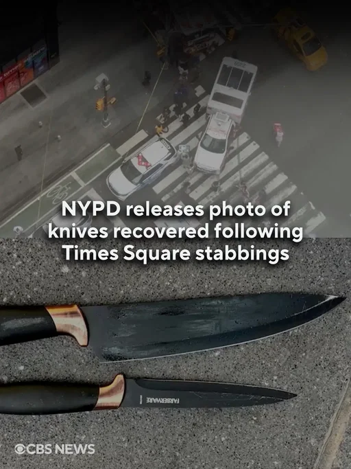 The NYPD released a photo showing knives recovered from the scene of a stabbing in Times Square, where a woman carrying multiple knives stabbed two people on Monday, authorities said.  Police shot and killed the suspect, 49-year-old Pamela Cisneros, after unsuccessful attempts to taser her. A female victim later died at the hospital, while a male victim remains hospitalized in stable condition. #newyork #newyorkcity #timessquare #timessquarenyc 