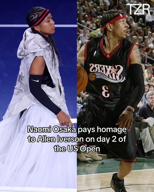It’s not the #USOpen until #NaomiOsaka brings serious style to the court. Arriving for Day 2 at the USTA Billie Jean King National Tennis Center, the star paid a stunning tribute to Allen Iverson in a custom Who Decides War and Nike kit commissioned by none other than #LawRoach. The hooded dress featured news clippings of Osaka, and beneath the hood she revealed cornrows under a headband, plus matching arm and finger sleeves—a direct nod to Iverson’s iconic 2000s game style.  📷: Getty, Who Decides War