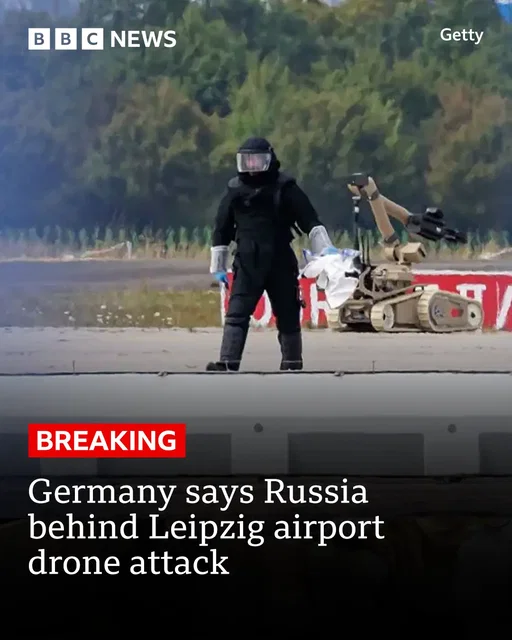 Germany has said Russia was responsible for a drone carrying an explosive device, discovered at Leipzig/Halle Airport in eastern Germany, close to Ukrainian cargo planes, on 4 August. It failed to explode as the detonator was apparently faulty, and investigators suspect a second drone collided with a cargo aircraft nearby. Security experts had speculated that Russia may have been responsible, however Russia has always rejected claims of involvement. Tap the link to read more on this story. #RussiaUkraine #Leipzig #Germany #DroneAttack #BBCNews