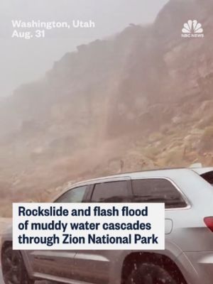 Flash flooding swept mud, rocks and debris onto a road at Zion National Park in Utah as heavy rain pounded the area.