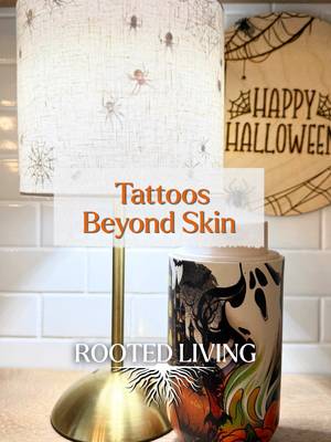 Seriously… temporary tattoos are NOT just for skin! They should be a staple in every craft store because the possibilities are endless.  If you haven’t added temporary tattoos to your craft stash yet… what are you waiting for?!  I already showed you how amazing these are on ceramic and other non-porous surfaces, and now I’m putting them to the test on PLASTIC! This plain plastic lampshade went from absolutely nothing to totally Halloween-ready with just a few tattoos. And then I took a plain soap dispenser and used colorful tattoos to give it a whole new personality for the bathroom. Want them to last? Just spray a clear adhesive over them to make them more permanent. Want to change things up from season to season, holiday to holiday, or theme to theme? No problem! A little nail polish remover and a cotton swab takes them right off, clean and easy. Go get yourself some and start sticking them on EVERYTHING!  Follow @rootedliving_ga for more thrift flips, budget-friendly DIY home decor, creative home decorating ideas, vintage-inspired decor, textured wall art, gallery wall inspiration, air dry clay DIYs, Rub ’n Buff projects, mod podge, frame makeovers, and step-by-step craft tutorials. #fyp#fypttoo ##crafts#halloween #pumpkin