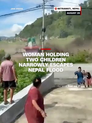 Video shows the moment when a woman and two children barely escaped the violent flash floods in Betrawati, Nepal, last Wednesday. #nepal #flood