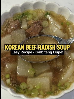 easy! healthy! delicious! korean beef radish soup (소고기 무국). It makes for the perfect cozy Korean meal and is so simple yet satisfying! I think of it as a galbitang dupe 🤭  Normally I am NOT a fan of radish but this soup is the EXCEPTION! not to mention, radish is very healthy and restorative: low calorie, high fiber, and incredibly nutrient dense!  💡TIPS TO PICK A KOREAN RADISH: choose a medium size radish that feels a bit heavier than it looks. should have both green and white with no visible bruises or cracks.  If you can’t find it, daikon radish works, too. But try to find Korean radish if you can! it may also be called “mu” at the Asian grocery.  INGREDIENTS (feeds 2):  — 1/2 lb beef (beef brisket or stew beef like chuck eye roll, should have some fat)  — 1/2 lb Korean radish  — 5 cups water  — 1 tbsp minced garlic  — 1 tbsp soup soy sauce (fish sauce OK)  — 1/4 to 1/2 tbsp sesame oil  — 1 tsp kosher salt  — 1/2 tsp black pepper  — 1/4 tsp beef dasida (OPTIONAL but encouraged)  — 1-1.5 tbsp chopped green onions  #soup #koreansoup #koreanfood #EasyRecipe  #healthyrecipe 