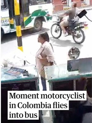The video shows the moment the motorcyclist lands inside the bus, shocking the driver and a passenger.   Local media reported that the motorcyclist ran a red light before crashing into the bus's open side door as it was moving through the streets of Buga.    The motorcyclist's identity has not been released and further details about the incident remain unknown, local outlets reported.  #colombia 