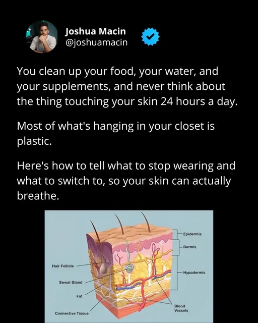 You'd never sit down and eat a spoonful of plastic. But most people wear it 16 hours a day, pressed against the largest organ they have.  The move is to go back to fabrics that come from a plant or an animal and breathe on their own. Linen, hemp, organic cotton, wool, silk. Just know the fiber name alone doesn't tell the whole story, because even cotton can get drenched in dyes and finishes before it hits the rack. So check how it was actually made, because that matters as much as the fiber, and lean toward brands that show their process.  You don't have to torch your whole closet this weekend. Start with what touches you most and make those swaps first. Then slowly transition the rest of your wardrobe.
