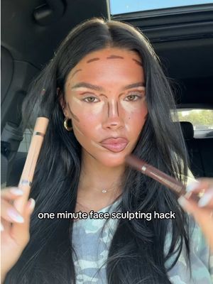 one minute face sculpting hack!! products listed below xx @Patrick Ta Beauty contour & highlight sculpting stick @Benefit Cosmetics blush tint  @Freck freckles @makeupforever limitless brown liner  @rhode skin glazing mist 