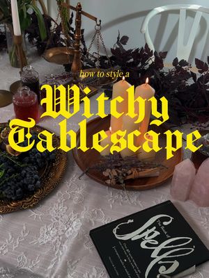 How to style a witchy tablescape 🕯️✨ Perfect for a cozy movie night or Halloween get-together. A few things I always reach for: 🖤 dark, moody florals 🖤 vintage-looking jars filled with amber-colored liquids 🖤 dried flowers and herbs 🖤 lots and lots of pillar candles 🖤 little touches of gold Basically, the moodier and more magical, the better. #practicalmagic #harrypotter #dinnerparty #fall #halloween