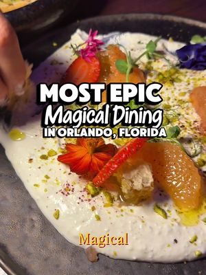 One of the Most Epic Dining Experiences in Orlando for Magical Dining?  Bar Helios sits on the rooftop of Universal Helios Grand Hotel with panoramic views overlooking Celestial Park and Epic Universe, especially beautiful around sunset and after the park lights come on. If you catch dinner there at the right time, you may even catch their Cosmos Fountain Show.  Make sure to look up a - The ceiling at Bar Helios is covered in star-like lights and constellation-inspired patterns, carrying the celestial theme overhead while Epic Universe glows below. The name Helios itself comes from the Greek god of the sun. The menu features Mediterranean-inspired dishes, shareable plates and cocktails with celestial and mythological influences. $60 Magical Dining Menu now till Sept 39 Appetizers Patatas Bravas - ‘Nduja mayo, fines herbs, lemon, crispy leeks Farmer's Cheese - whipped farmer's cheese, honeycomb, citrus, local seasonal fruit, pistachio, grilled focaccia Fried Halloumi - spiced honey, kibbeh Main Course Risotto al Limone - watercress pesto, asparagus, lemon gremolata, mint Pan-Seared Diver Scallops - creamy mascarpone polenta, dill citrus foam, parmigiano crisps Petite Beef Medallions - beef tenderloin, chimichurri, baby trumpet mushrooms, garlic sauce Dessert A Night at the Opera - pistachio, raspberry, honey yogurt, lemon curd, raspberry whipped ganache Mount Vesuvius - 70% chocolate fondant, olive oil gelato, spicy caramel sauce, sesame tuile Gelato - passion fruit stracciatella, lemon sorbetto or chocolate hazelnut crunch Bar Helios At Universal Helios Grand Hotel 8505 S. Kirkman Road, Orlando, FL 32819 Follow @tastychomps for more Orlando food and hidden gems.  #EpicUniverse #UniversalOrlando #OrlandoFoodie #tastychomps #partner @Universal Orlando Resort 
