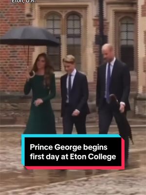 Prince George arrived for his first day at Eton College on Tuesday, accompanied by his parents, Prince William and Princess Catherine. The 13-year-old future king is following in the footsteps of his father and uncle Prince Harry, who both attended the prestigious boarding school near Windsor Castle, founded in 1440. #princegeorge #royals 
