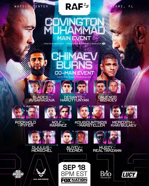 THE RAF13 FULL CARD IS LOCKED 🔥 Hendrickson vs Kerkvliet is postponed due to athlete injury. Tickets in bio. Watch on @Fox Nation 
