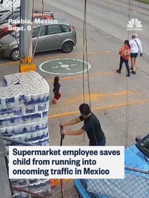 A supermarket employee in Mexico saves a child from running into oncoming traffic.