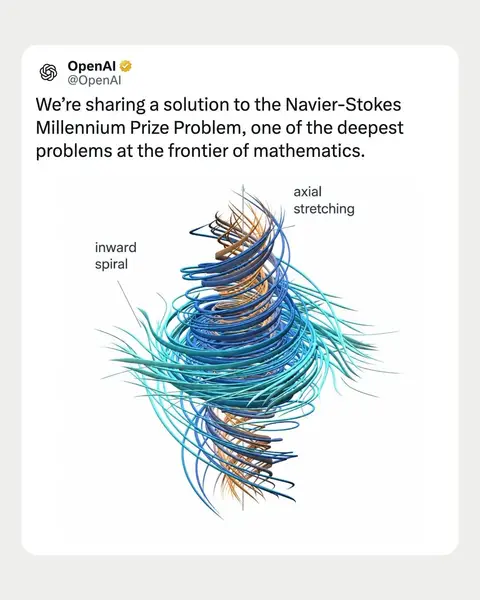 We’re sharing a solution to the Navier–Stokes existence and smoothness problem, one of the Millennium Prize Problems. This proof, produced by an internal OpenAI system, shows that the dynamics of the Navier-Stokes equations for fluid motion can develop a singularity in finite time. We’re sharing both a writeup of the proof and a formalization in Lean. The Millennium Prize Problems⁠ represent some of the deepest questions at the frontier of mathematics. The question of whether smooth three-dimensional fluid motion can break down has remained unresolved for roughly 90 years. A major goal of our work is to empower scientists to advance research and technology that benefits all of humanity. To solve the Navier–Stokes problem, we used an internal model that is significantly more capable than GPT‑6 Astra. We believe it is important to inform the world about the pace of AI progress and what to expect from upcoming models. And we congratulate Levent Alpöge and Tristan Buckmaster on their remarkable mathematical work. We (the researchers and the agents) did not see any of their work through any means until they released it publicly — in particular, no specific user data was accessed in order to solve this problem. While unlikely, we cannot rule out that de-identified data derived from their usage of our products helped improve our models. However, our proofs differ significantly and even the precise results proved are different in the Euler case (forced vs. unforced).