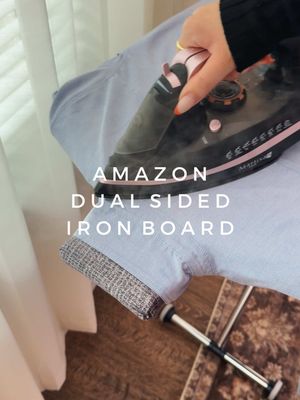 Amazon dual sided iron board👕💨 This iron board has a 8 level adjustable height so you can iron your clothes sitting down or standing up. It's lightweight and compact. It's dual sided so you can easily rotate it to iron both sides or your clothes. It has a detachable and rotating iron holder. You can put it on a upright position for easy steaming. It also has a removable cover! #amazonfinds #asmr #amazonmusthaves #Home #laundry  asmr sounds, aesthetic, satisfying, gadgets