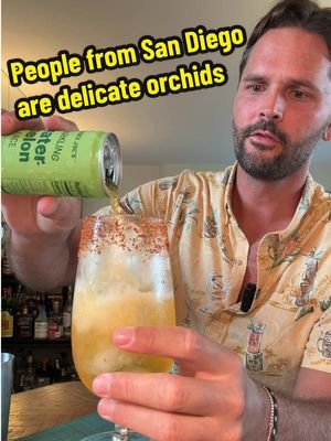 People from San Diego are delicate orchids We require perfect weather, and humidity year round with ample sunlight  So please understand when we complain about how hot and humid it’s been, that we simply aren’t built for this.  Sparkling Watermelon Margarita 🍉 1 1/2oz Tequila Blanco  🇲🇽 1oz Orange Liqueur  🍊 1oz Lime Juice 🍋‍🟩 4oz Sparkling Watermelon Juice (Trader Joe’s)  2 dashes Chili Bitters @Steve the Bartender 🌶️ #satire #sandiego #heatwave #watermelonmargarita #cocktailrecipe