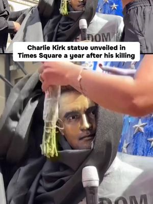 A statue of the late political activist Charlie Kirk was unveiled in New York City's Times Square on Thursday — one year after he was shot and killed at a college campus in Utah. Far-right activist Jake Lang attended the unveiling, chanting into a megaphone while standing beside the life-sized statue in front of an American flag.