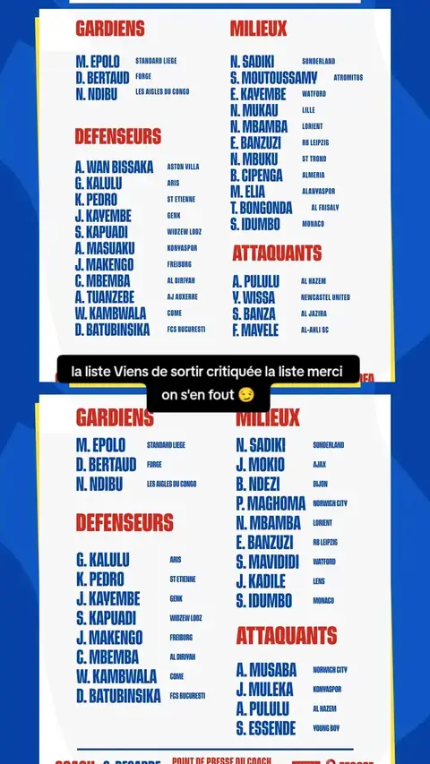 𝐋𝐈𝐒𝐓𝐄 𝐃𝐄𝐒 𝐉𝐎𝐔𝐄𝐔𝐑𝐒 𝐂𝐎𝐍𝐕𝐎𝐐𝐔𝐄́𝐒 Le sélectionneur national des Léopards, Sébastien Desabre, a dévoilé la liste des joueurs convoqués pour le prochain rassemblement de l'équipe nationale de la République Démocratique du Congo. Ce rassemblement comprend les rencontres comptant pour les 1re et 2e journées des Éliminatoires de la Coupe d'Afrique des Nations TotalEnergies PAMOJA 2027, ainsi que deux matchs amicaux. 🇨🇩 Tous ensemble derrière les Léopards ! #AllezYLesLéopards #BendeleEkweyaTe #PAMOJA2027 #BendeleEkweyaTe #FecofaRDC