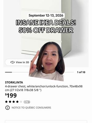 IKEA CANADA INSANE DEALS 🇨🇦🤯 50% OFF the STORKLINTA 4-drawer dresser + $1 breakfast this weekend for IKEA Family members 👀 The dresser deal is Sept 12–13 with only 100 per store, per day, so go early! #ikeacanada #ikea #greenscreen 