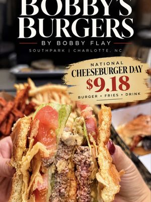 🍔 CHARLOTTE — mark your calendars for National Cheeseburger Day! I stopped by Bobby’s Burgers by Bobby Flay in SouthPark to check out the menu, and of course I had to try the Palace Classic Cheeseburger. 👀🍔 Here’s the deal you need to know: Friday, September 18 ONLY, you can grab a Palace Classic Cheeseburger + fries + a small fountain drink for just $9.18! 🙌 Yes… burger, fries AND a drink for $9.18. 👏 While I was there, I also got to check out some of Bobby Flay’s other favorites — from the signature Crunchburger® and crispy onion rings to those seriously thick, spoon-bending milkshakes. 🤤 📍 Bobby’s Burgers by Bobby Flay — SouthPark 6100 Fairview Rd., Charlotte 🗓️ Save this post and send it to your burger buddy so you don’t forget September 18! Don’t forget to follow @saraheatsclt for more Charlotte food finds and recommendations! ❤️ #CharlotteNC #CharlotteFood #nationalcheeseburgerday #CharlotteFoodie #CLTEats