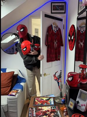 caught in a cozy web of late nights and neon lights 🕸️✨ #apartmenttherapy #roominspiration #bedroomideas #spidey #ledlights 