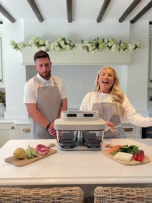 ad LAZY GIRL DINNER VS LAZY BOY DINNER, who is your winner? 💛🩵 let us know in the comments!  We are using our new best friend the Ninja Crispi Dual Zone! It’s potentially the most aesthetic looking air fryer to ever exist, plus the glass chambers mean you get the perfect crispy food & never go wrong!  If you and your family like to eat different meals, you can cook two different foods and have them ready at the same time using the smart finish!  Adam’s dish: Rib eye steak with garlic butter, crispy potatoes in oil, rosemary, salt & pepper & some asparagus stems!  My dish: salmon fillet, tomatoes, feta cheese, spinach, oil, salt, rosemary & pasta! I added a bit of Greek yoghurt at the end too!  Both of them tastes amazing, but who has won? Let us know 😆  Love, Kat & Adam xxxxxx  @ninjakitchenuk #NinjaCRISPiDualZone