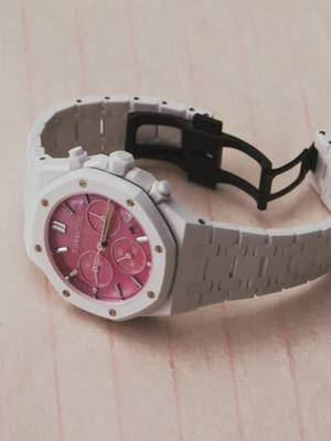 Introducing the The Royal Oak Selfwinding Chronograph "Serena Williams" Limited Edition. Sophisticated with a sporty undertone. Crafted in white ceramic case, hand-finished with satin-brushing and chamfering. The pink-tinted mother-of-pearl dial offers a softer contrast, complemented by white gold hands and rhodium-toned accents. #AudemarsPiguet #RoyalOak