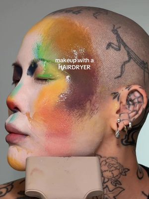 I don’t have hair anymore so might as well use the tools in a different way!  • @blendbunnycosmetics fauna palette  @kryolanofficial aqua colour paints  @sharkbeauty hairdryer  @moodylenses_official 610 lenses @danessamyricksbeauty clear gloss work (MEI15) @maccosmetics night moth lip liner  @mehronmakeup clown white face paint and setting powder #creativemakeup #editorialmakeup #colorfulmakeup #avantgardemakeup #experimentalmakeup