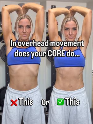 But real, stop doing strength training movements without your core involved! An overhead movement is one of the biggest culprits.  Come train with me in my Make Fit Simple app, and I teach this in my Core education section and in every single video with my cuebg!  Breathing and alignment are the two major keys to engaging your deep core, improving the way your core looks, functions, and feels, AND makes you stronger in your lifts. The ribs should be stacked over the pelvis. The ribs don’t tip up, the pelvis doesn’t tip down. STACKED! In the first video, my ribs are tipped up & my pelvis is slightly tipped down. This is common with rib flare and when you have a weak core from diastasis recti. When this happens your core isn’t doing the work, so your back tries to overcompensate. You feel unsteady and the movement feels crappy. So stay stacked!  You should also be able to breathe under a brace. You aren’t holding your breath and bearing down. Your pelvic floor doesn’t like that 💦. That brace (engagement of the core) is keeping your spine and pelvis stable, which makes you more sturdy and able to lift more.  More weight = more muscle = stronger metabolism. And it all still stems from your core. So film yourself. See what your core is doing! Adjust and be amazed. And again, if you don’t know how, check out my Make Fit Simple app with the education section and all of the cues in every workout. I also have a free core breathing series  to help too!  You got this!  -Andrea 