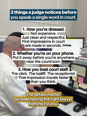 Courtroom credibility in a personal injury case starts before your attorney says a word, and 3 things get read before anything else. How you are dressed signals whether you take the proceeding seriously. Clean, respectful attire is not optional; it is the baseline. Whether you are on your phone tells a judge everything about your awareness and respect for the room. Put it away before you get near the courtroom, not just inside it. And how you treat court staff (clerks, bailiffs, receptionists) travels. Those impressions move fast in a courthouse where everyone knows everyone. Details decide cases. So does having the right lawyer in your corner from day one. We handle car accidents, slip and falls, workplace injuries, premises liability, and personal injury cases across all 5 boroughs of New York City. Comment CASE below for a free consultation.