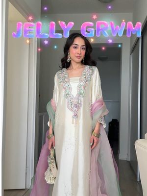 we are beginning on a very jelly note … suit is from @ERAYA I LOVE IT SM jelly bangles are from @KM Boutique  earrings are from @Zaraya  clutch @Mubarak Clutches  @Glamnetic press on nails @Sol de Janeiro 68 jelly perfume balm @milkmakeup jelly tint in fresh @milkmakeup watermelon serum stick  @Beauty of Joseon retinal patches  @medicube global pdrn jelly mist  @anua_global glow stick  @Maybelline NY pink color corrector  @urban decay slick brow  @Benefit Cosmetics gimme brow shade 4  @cliocosmetics_official cover mesh glow cushion foundation in linen @Tower 28 Beauty concealer in 3.0cc @Diorbeauty bronzer stick  @Charlotte Tilbury pink pressed powder  @YSL Beauty 93 blush  @essence cosmetics baked blush in shimmery rose @클리오 찐 pro eye palette air in pink pairing @ColourPop Cosmetics jelly much shadow @Point of View Beauty amp it @Gisou gloss @Phlur Fragrances berry cream spray  #p#pakistaniweddingd#desig#grwmmakeup 
