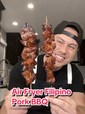Let’s make Filipino Pork BBQ in the air fryer! 🇵🇭🙌🏼   Ingredients: 3 lb pork butt or pork shoulder Bamboo Skewers Marinade: 1/2 cup banana ketchup 1 cup lemon lime soda 1 cup soy sauce 1/4 cup oyster sauce 1 cup brown sugar 1/4 cup garlic minced (or 1/2 cup if you’d like 😍) 2 teaspoons ground pepper Basting Sauce: 1/4 cup of banana ketchup 1/4 cup of oyster sauce 1 1/2 tablespoon of sesame oil (optional, but I love this flavor!) Recipe: 1. Mince the garlic and cut the pork into chunks or strip (1 1/2 to 2 inches wide with a thickness of 1/4 to 1/2 inch); know that as the meat cooks, it’ll shrink in size 2. Create the marinade by combining the garlic, ground pepper, brown sugar, banana ketchup, oyster sauce, soy sauce and lemon lime soda into one container 3. Place the pork into the marinade and refrigerate for at least a four hours or overnight for best results 4. Put the pork generously on the skewers; no spaces in between 5. Place the pork skewers into the air fryer tray and set temperature to 360F degrees for 5 minutes (you may have to adjust slightly depending on the size your meat is cut) 6. When it’s done, baste the pork, flip it and baste the other side 7. Continue cooking at 360F degrees for another 5 minutes 8. When the pork skewers are ready, eat by themself or with rice! Just eat and enjoy!   It’s so sarap (delicious)! 🤤 . . . . . . #Filipino #barbecue #airfryer #bbq #Recipe