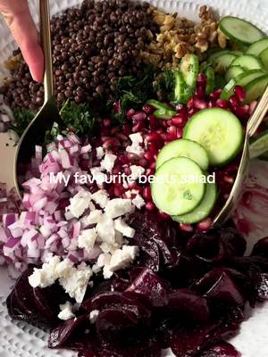 Roasted Beetroot & Lentil Salad 🫜- must make this week!    Ingredients:  • 6 beetroots, peeled & thinly sliced  • 1 tbsp extra virgin olive oil  • 1 tsp salt  • 1 tsp Italian herb mix  • 3 cucumbers, sliced  • ½ red onion, finely sliced  • Small bunch parsley, chopped  • Small bunch dill, chopped  • 2 cups cooked lentils  •1 pomegranate  • Feta cheese, to serve  • Chopped walnuts, to serve    Dressing:  • Juice of 1 lime  • 3 tbsp extra virgin olive oil  • 2 tbsp water  • Salt & pepper to taste    Method:  1. Preheat oven to 180°C.  2. Add sliced beetroot to a bowl with olive oil, salt and Italian herbs. Massage well to coat.  3. Spread onto a baking tray lined with baking paper and roast for 40 minutes until tender.  4. While beetroot is roasting, slice cucumbers, red onion and chop herbs using your @furi.official knives.  5. In a large bowl, combine roasted beetroot, pomegranate, cucumber, red onion, parsley, dill and lentils.  6. Whisk together all dressing ingredients, pour over salad and toss to combine.  7. Finish with crumbled feta and chopped walnuts.    So simple, nourishing and full of flavour 💜 #beet #beetroot #salad #salads #healthyfood 