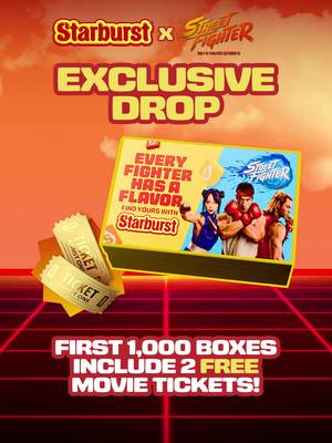 JUST DROPPED: Starburst x Street Fighter EXCLUSIVE TikTok Shop Box. 🥊  What’s inside:  A NEW early release flavor  2 sticks Original  2 sticks FavReds 2 sticks Sours  1 BONUS stick  AND the first 1000 boxes ordered get 2 FREE tickets to see @Street Fighter Movie in theaters October 16th.  Supplies limited! 🎬