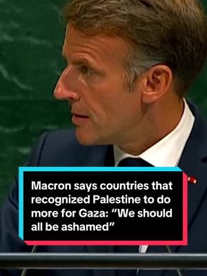 French President Emmanuel Macron challenged countries that have recognized Palestine “on paper” to do more to address the humanitarian situation in Gaza, questioning the credibility of governments that remain inactive. “Are we really going to stand by and watch this spectacle, which we should all be ashamed of?” Macron said during his speech at the United Nations General Assembly (UNGA).  He also condemned what he said are ongoing violations in the occupied West Bank, though without specifically mentioning Israeli settlers, and called for respect for the “legitimate rights of the Palestinian people.”  The French leader recognized Palestine as a nation when he spoke at last year's UNGA and recently joined with other European nations in imposing sanctions on Israel aimed at deterring illegal settlements in the West Bank. #macron #france #gaza #israel #usa 