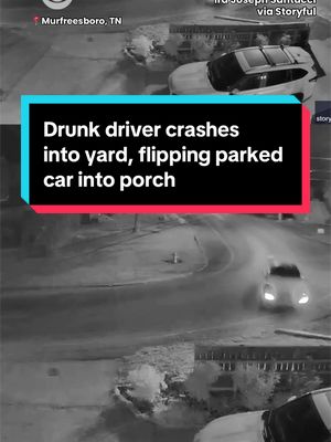 Home security video shows a car speeding around a curve in Murfreesboro, Tennessee, before crashing into a front yard and flipping a parked vehicle into the home’s porch. The homeowner estimated the car was traveling about 70 mph. The driver was injured and charged with driving under the influence.