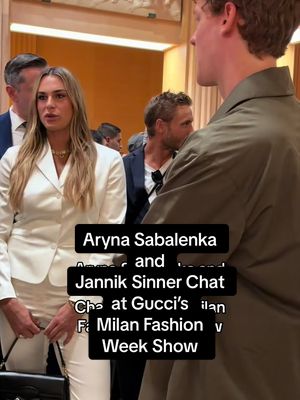 When two tennis stars meet. #ArynaSabalenka and #JannikSinner catch up before sitting front row at @Gucci’s spring/summer 2027 #MilanFashionWeek runway show.