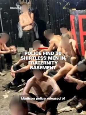 Madison police say officers responding to an anonymous tip found around 30 partially clothed men covered in food, condiments and other liquids inside an Alpha Epsilon Pi fraternity house near the University of Wisconsin-Madison. Several had visible injuries, according to police, and the fraternity's president and vice president were arrested on suspicion of hazing and disorderly conduct.