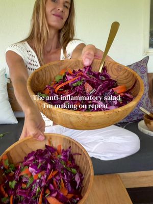 I’ve made this twice in the last two days! Full of anti-inflammatory goodness!  You’ll need: 1 small red cabbage as thinly sliced as possible 2 carrots shredded   A large handful of chopped cilantro  1 tbsp grated fresh ginger 2 tsp Dijon mustard 1-2 tbsp of lemon juice  2 tsp of maple syrup  4 tbsp of olive oil Salt, to taste Whisk together the ginger, mustard, lemon juice, olive oil, maple syrup and salt. Toss with the cabbage, carrots, and cilantro and let sit for about 15 minutes so the cabbage can absorb the dressing and enjoy! Keeps well for 2 days!  #salad #recipes