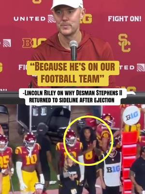 Lincoln Riley asked about Desman Stephens II returning to sideline after hit on Dante Moore 👀 (via @USC Football ✌️, billoram/X) #cfb #CollegeFootball #usc #oregon #sports 