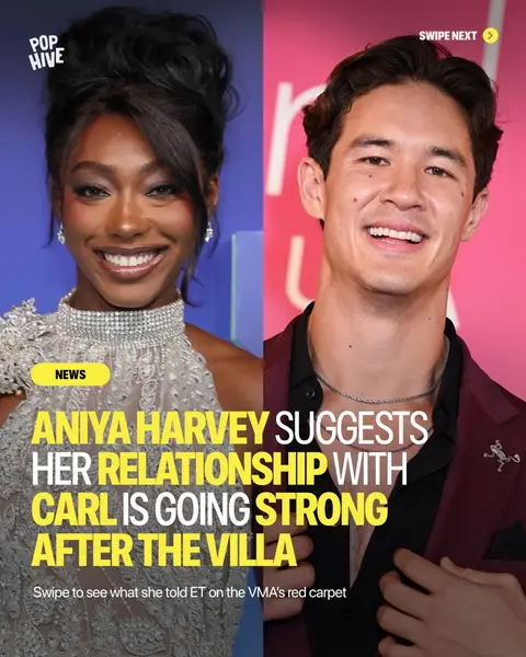 After placing second on ‘Love Island USA,’ Aniya Harvey attended her first MTV VMAs wearing a stunning silver bedazzled minidress. 🔥😮‍💨 She told @Entertainment Tonight that her relationship with Carl Schmidt is still going strong post-villa, and he was excited for her VMA’s appearance.  She playfully kept her red carpet outfit a complete secret from him beforehand, choosing to surprise him with the dress when she finally debuted her look. 🫶