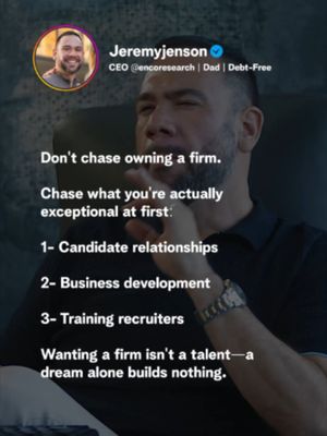 Don't chase the dream of owning a firm, chase what you are actually exceptional at first. 🧠 Most agency founders make the mistake of copying someone else's blueprint without defining their core advantage. Before trying to scale a business, master one of these critical areas: 1️⃣ Candidate Relationships: Sourcing passive, high-ticket talent better than 99% of the market. 2️⃣ Business Development: Winning high-margin client accounts consistently. 3️⃣ Training Recruiters: Building systems and coaching others to execute at your standard. Wanting a firm isn't a talent: a dream alone builds nothing. Find your unique edge first, then build the company around it. 📲 Save this post to define your unfair advantage! 🚀 #RecruitingStrategy #AgencyOwner #BusinessGrowth #ExecutiveSearch #LeadershipMindset