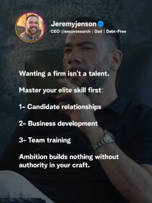 Wanting a firm isn’t a talent: ambition builds nothing without authority in your craft. 🛑 Too many recruiters try to scale before they’ve mastered a single elite pillar. Real enterprise value comes from building a business around a proven superpower: 1️⃣ Candidate Relationships: Owning candidate trust and sourcing passive A-players that others can’t reach. 2️⃣ Business Development: Dominating client acquisition and locking in high-margin retainers. 3️⃣ Team Training: Systems-driven coaching that turns junior reps into consistent billers. Focus on mastering your primary edge first. Once you own your craft, scaling the firm becomes the natural next step. 📲 Save this post to ground your scaling strategy! 🚀 #RecruitingStrategy #AgencyGrowth #ExecutiveSearch #LeadershipMindset #BusinessScaling