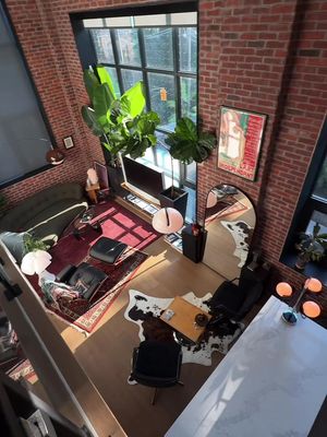 this is my vice • • #interiordesign #apartmentdecor #homedecor #homeinspo #homebody • • mid-century modern | toronto interior | brick loft living | warm light | lived-in spaces | hard loft | tall ceilings | large windows | natural light | vintage furniture | statement lighting | plants | architectural details | open living | modern apartment | home atmosphere | interior styling | design focused | quiet spaces